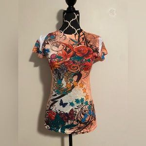 EUC Maya Orange & Red Floral Butterfly Graphic Fitted Tee size XL